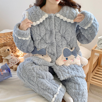 新款睡衣女士秋冬长款加厚绒三层夹棉保暖可外穿连帽棉袄家居套装
