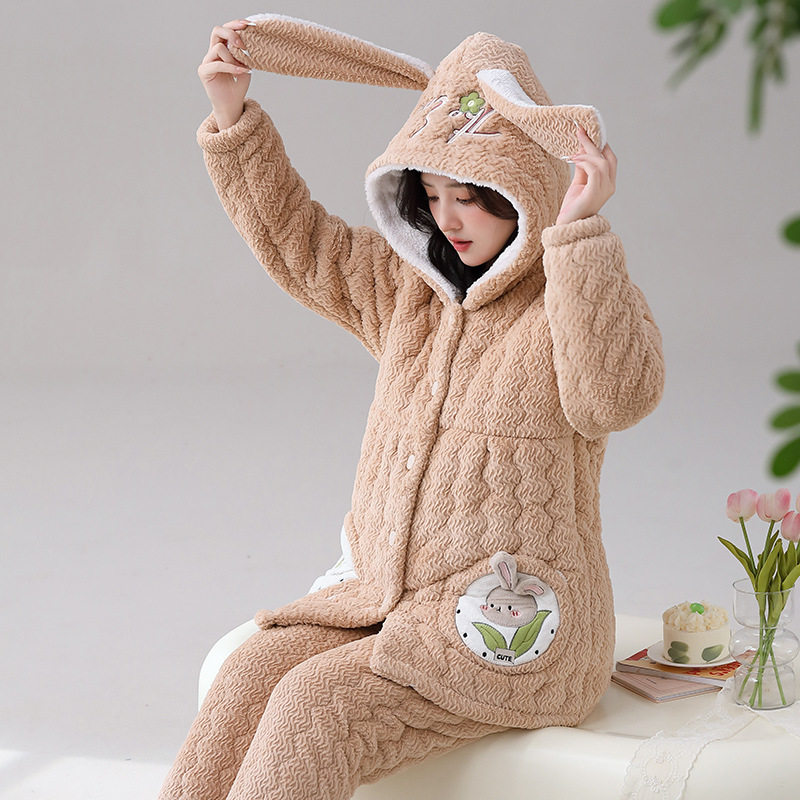 冬季孕妇夹棉连帽活腰全孕期月子服三层加厚暖芙绒夹棉开衫睡衣