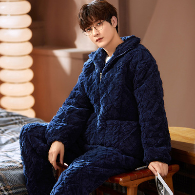 珊瑚绒睡衣男冬季加厚三层夹棉袄保暖男士法兰绒拉链超厚青年套装
