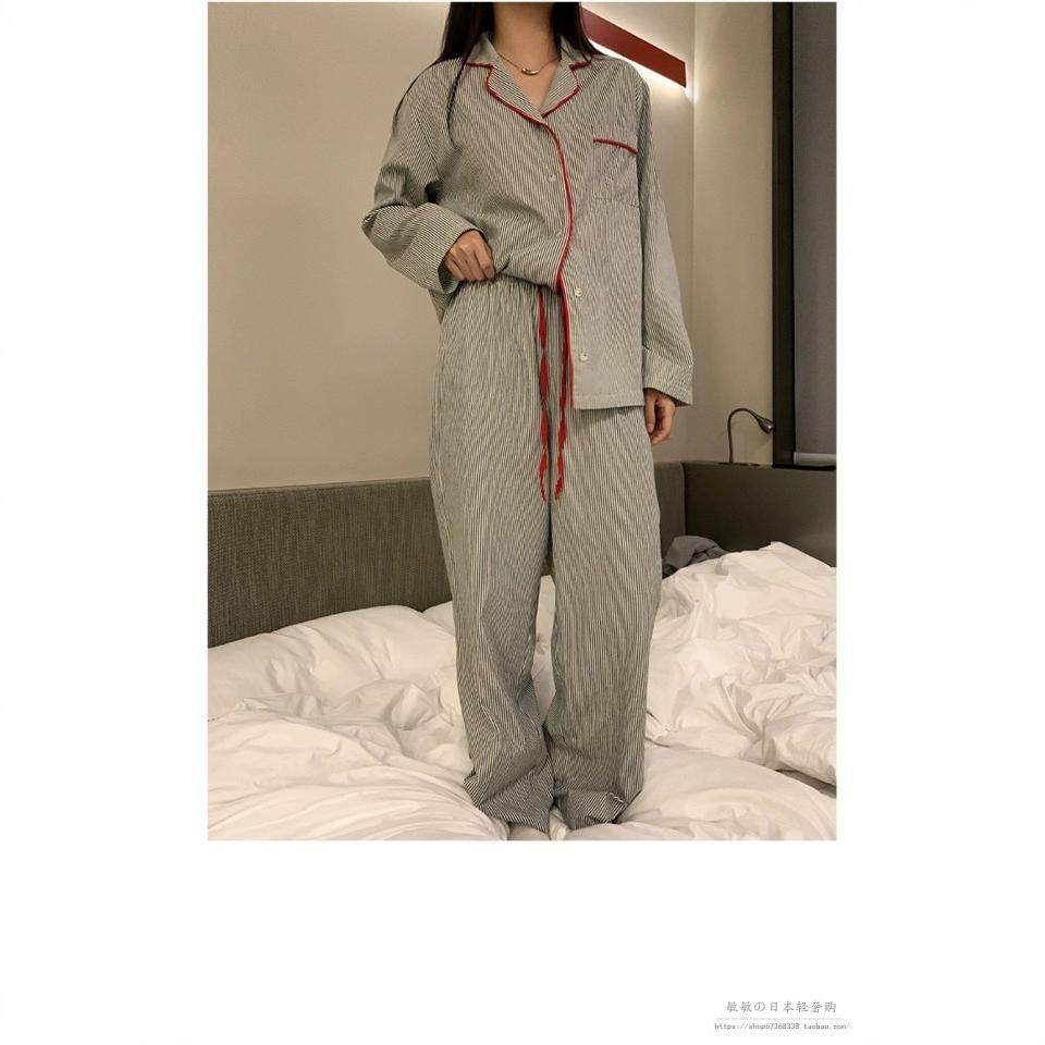 2024新款韩版ins条纹睡衣女秋冬简约开衫长袖长裤家居服两件套装,女士内衣/男士内衣/家居服,睡袍/浴袍,淘宝优惠券,粉丝福利购,淘宝优惠卷