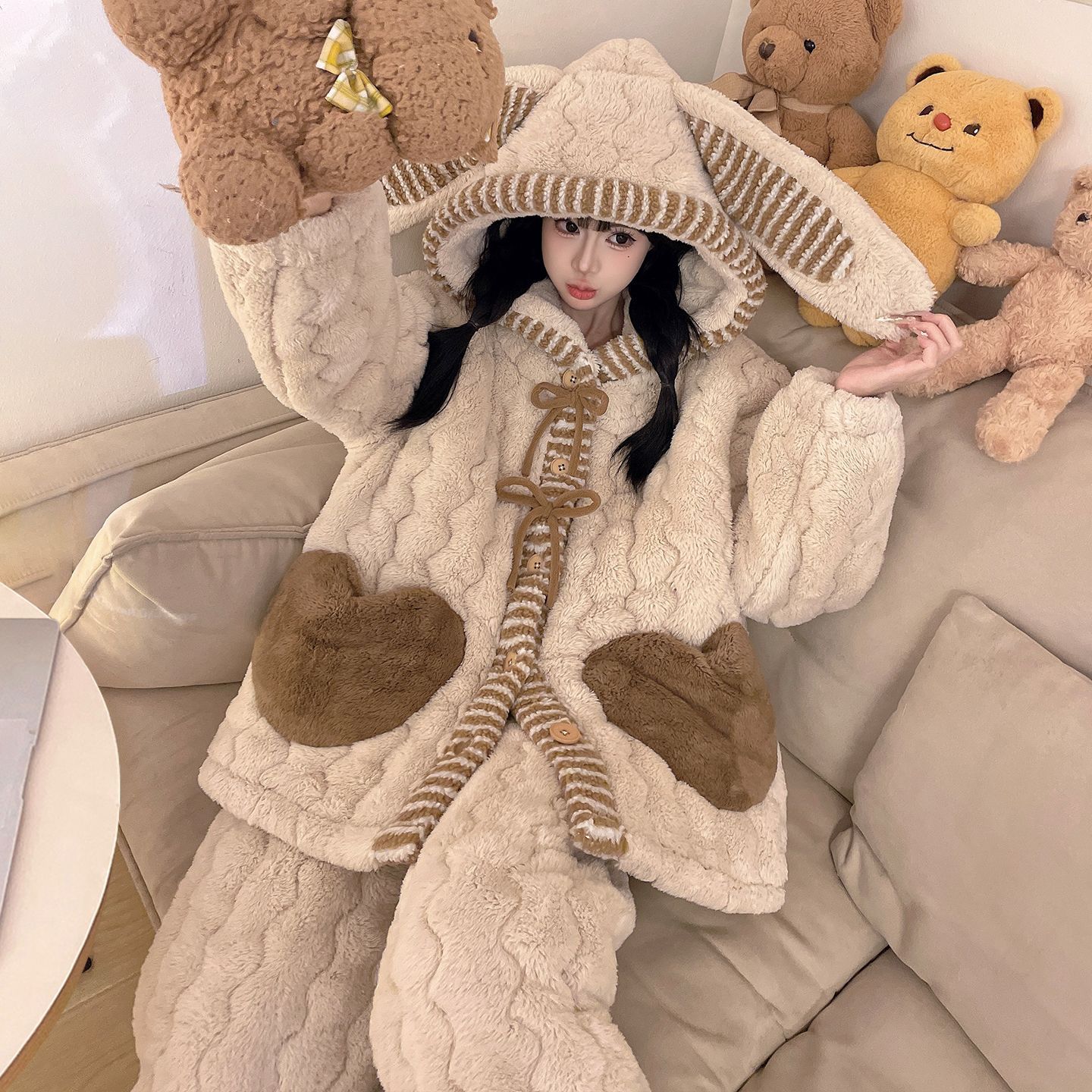 冬季新款三层夹棉睡衣女士加绒加厚卡通连帽棉袄可外穿家居服套装