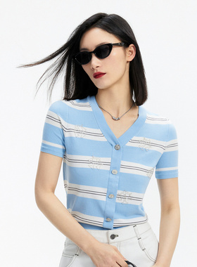 普普风条纹V领水钻毛衫女2024夏季新款小个子百搭显瘦上衣21054S