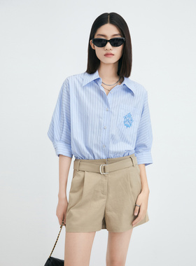 普普风条纹拼接连体短裤（配布腰带）女2024新款通勤风20723