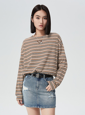 普普风长袖t恤女商场同款撞色圆领学院条纹简约宽松短款T恤23316