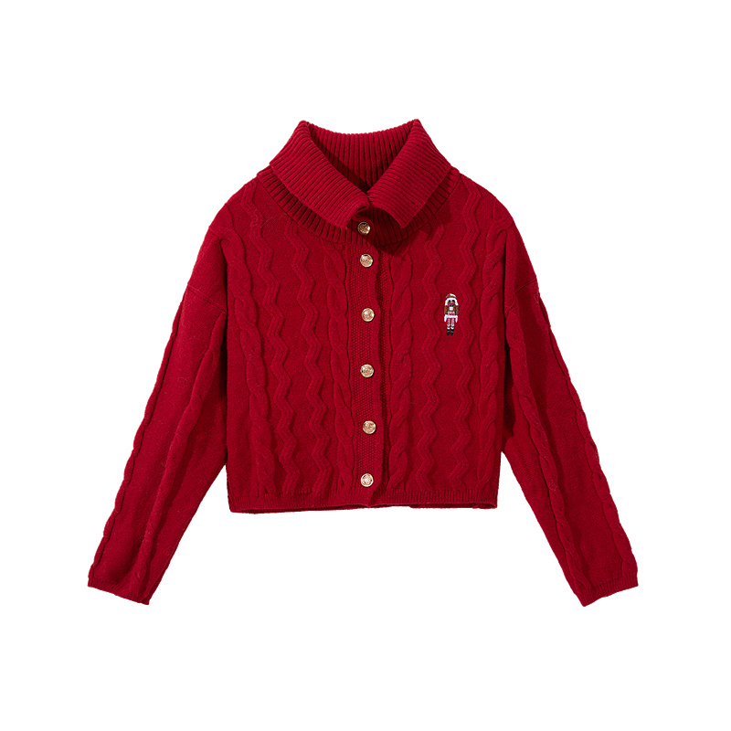 普普风商场同款冬季新年红麻花毛织针织衫氛围感暖和高领毛织开衫