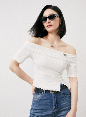 普普风优雅一字领T恤女2024夏季新款气质时尚感减龄百搭上衣21182