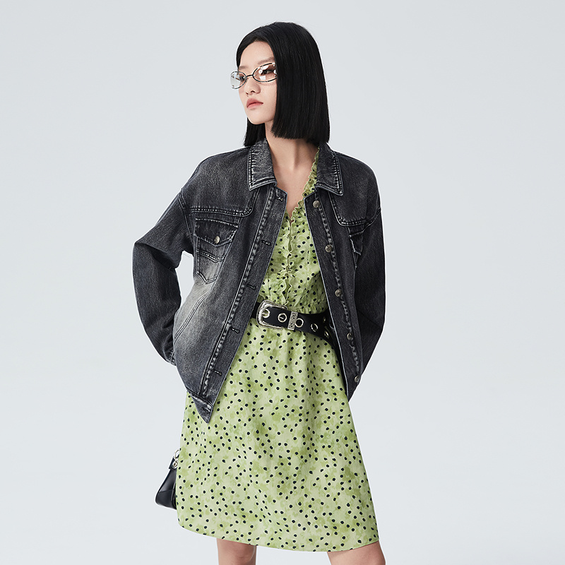 普普风商场同款2025年新款美式复古街头酷感洗水牛仔外套女23264