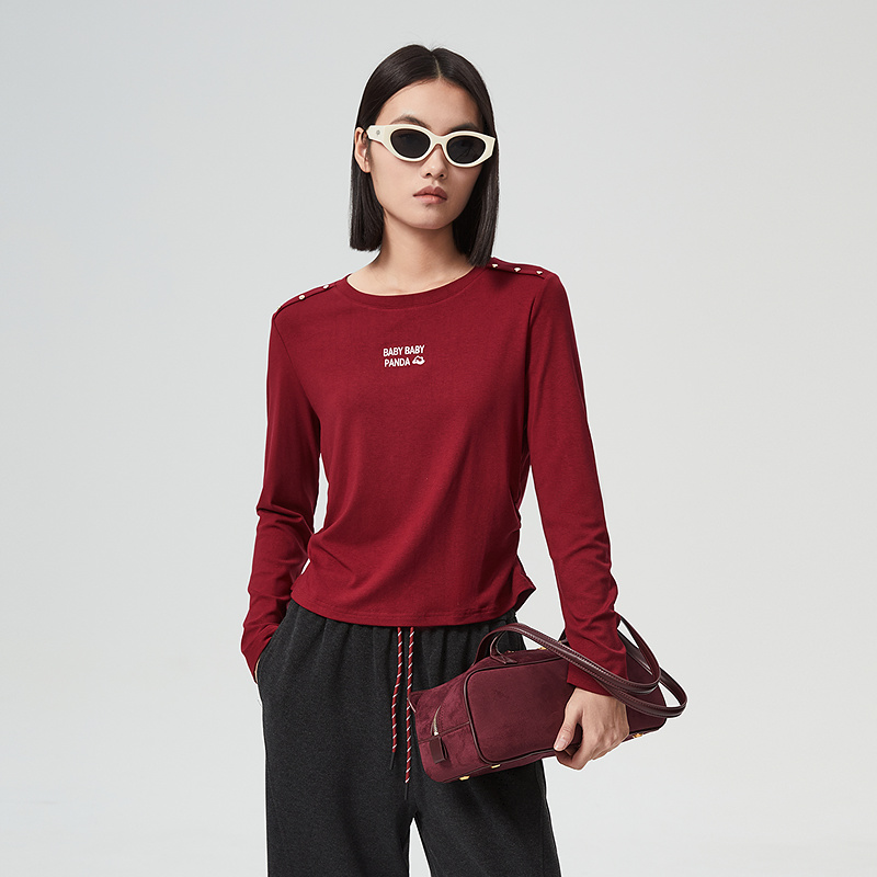 普普风商场同款复古休闲宽松圆领字母长袖纽扣装饰小字母圆领T恤