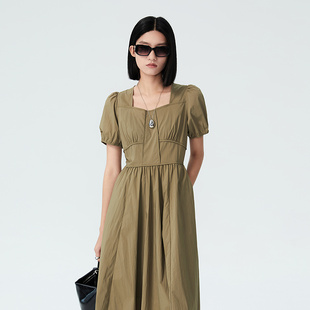 普普风2025年商场同款短袖收腰女性化分割方领连衣裙女22907