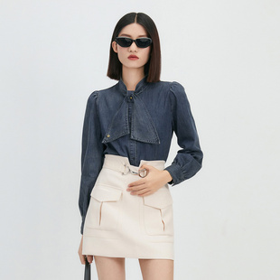 7952 百搭时尚 普普风法式 领带设计感搭扣牛仔上衣女2024早春新品