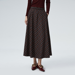 普普风商场同款学院风拼色高腰中长款格子裙时髦学院派格子半裙女