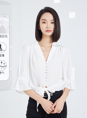 FGFEEL/普普风 肌理感蝴蝶提花系带衬衫女V领五分袖短款上衣20049