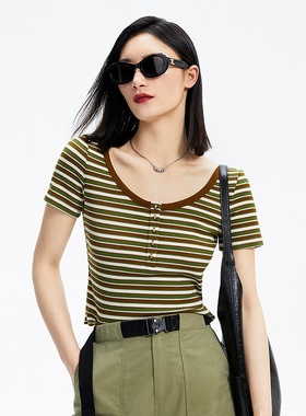 普普风大U领撞色边T恤女2024新款小众设计修身百搭气质21017