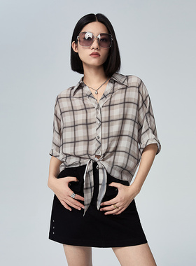 普普风商场同款2025年新款宽松百搭衬衣知性格纹绑带衬衫女22890
