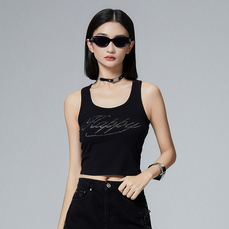 普普风U字工字烫钻背心女2024夏季新款小个子短款百搭上衣21397,女装/女士精品,背心吊带,淘宝优惠券,粉丝福利购,淘宝优惠卷