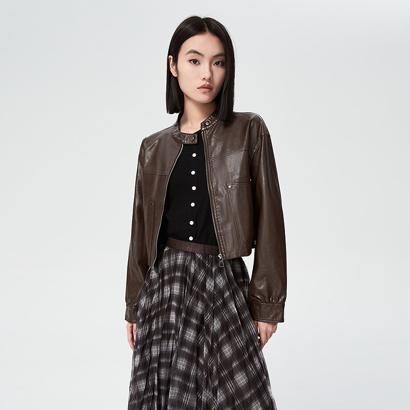 普普风商场同款2025年新款酷飒风短款机车皮衣夹克PU利落帅气外套