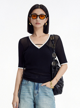 普普风钩花前开扣撞色边修身毛衫(两件套）女2024夏季新款20999