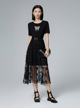 普普风立体蝴蝶蕾丝拼接显瘦连衣裙女2024秋季新款设计感21581