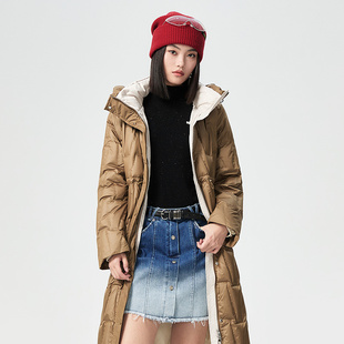 普普风商场同款加厚中长款连帽收腰菱形时尚造型压花长羽绒外套女