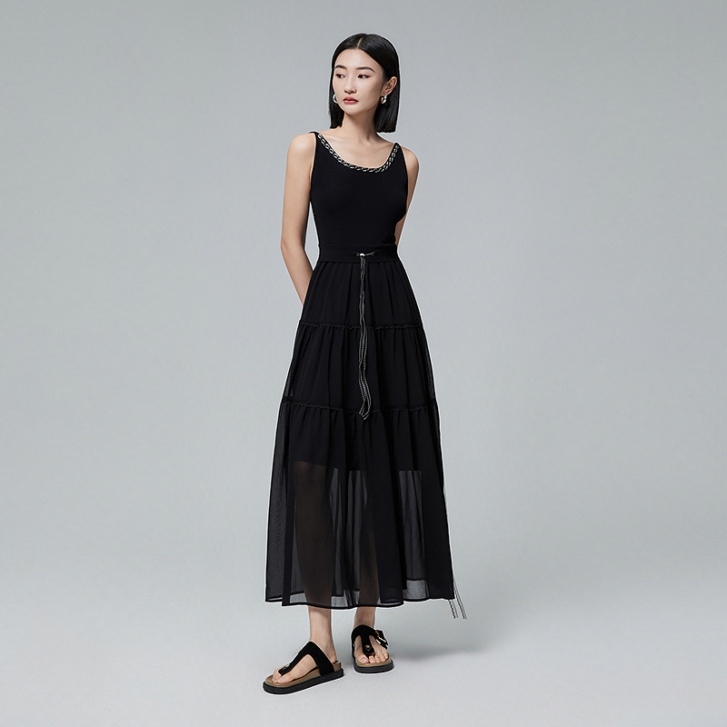 普普风无袖针梭拼接背心连衣裙