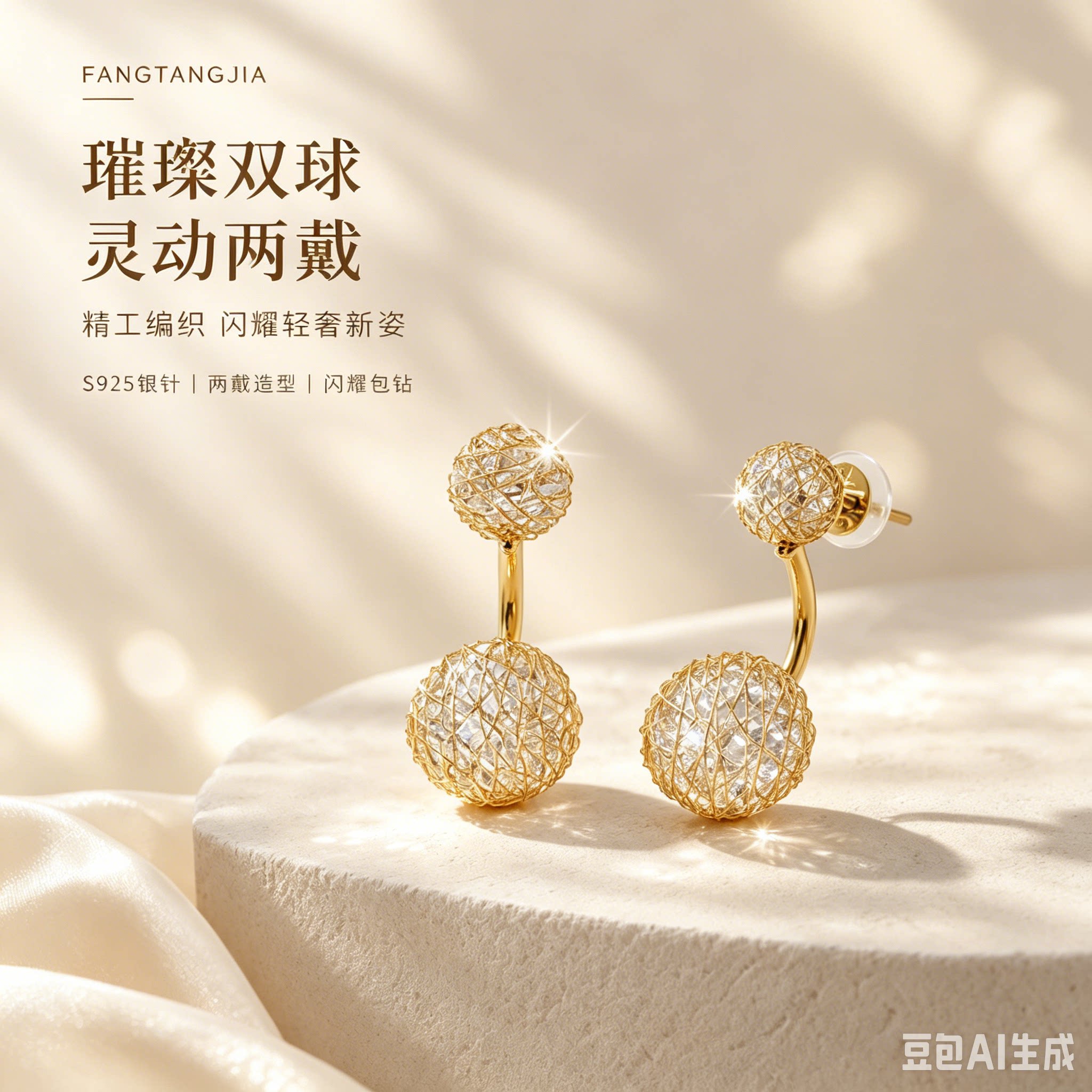 双球水晶耳环女精工缠网轻奢小众日常通勤 礼物小众设计 百搭礼物