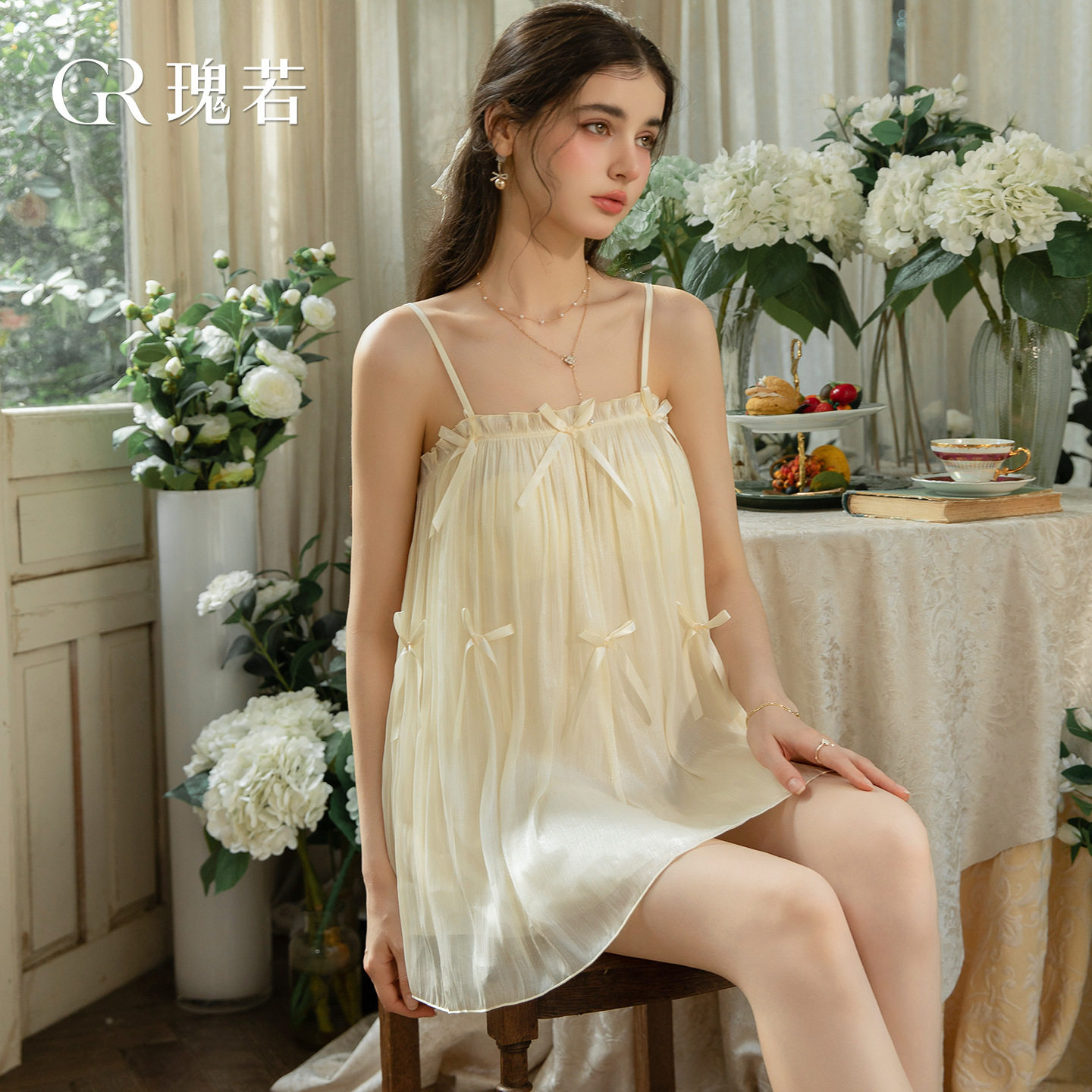 瑰若夏秋季性感甜美娃娃风蝴蝶结点缀带胸垫雪纺吊带女睡裙家居服
