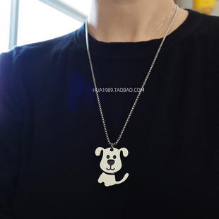 银色可摇头小狗 中性男女项链 趣味设计感小众简约不锈钢链子长款