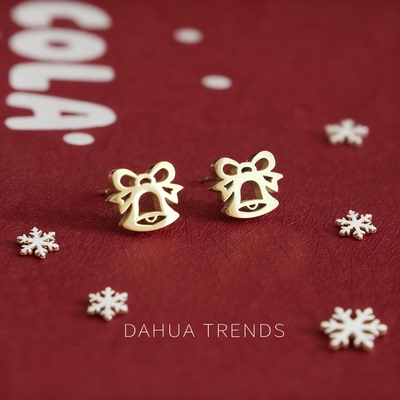 圣诞风金色铃铛蝴蝶结小众设计感小巧不锈钢耳钉耳饰甜美精致耳夹