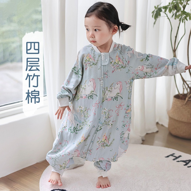 婴儿四层六层连体睡衣秋冬透气连体衣儿童a类竹棉婴幼儿分腿睡袋