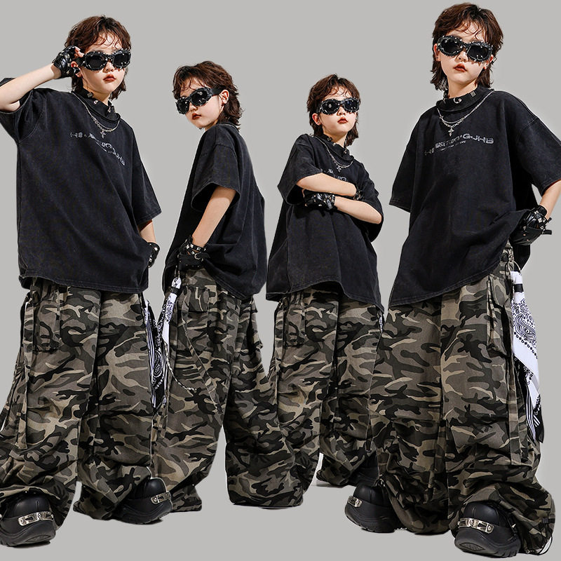 少儿breaking街舞服装潮酷男童迷彩长裤炸街套装女童jazz演出服夏图片