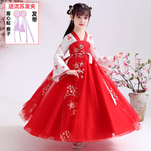 Y2022新款女童连衣裙春装中长袖薄纱古风汉服中大童民族表演服裙