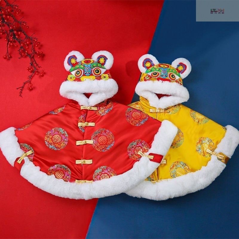 婴儿中国刺绣宝宝冬季儿童连帽虎头披风斗篷兔毛手工加厚外出周岁