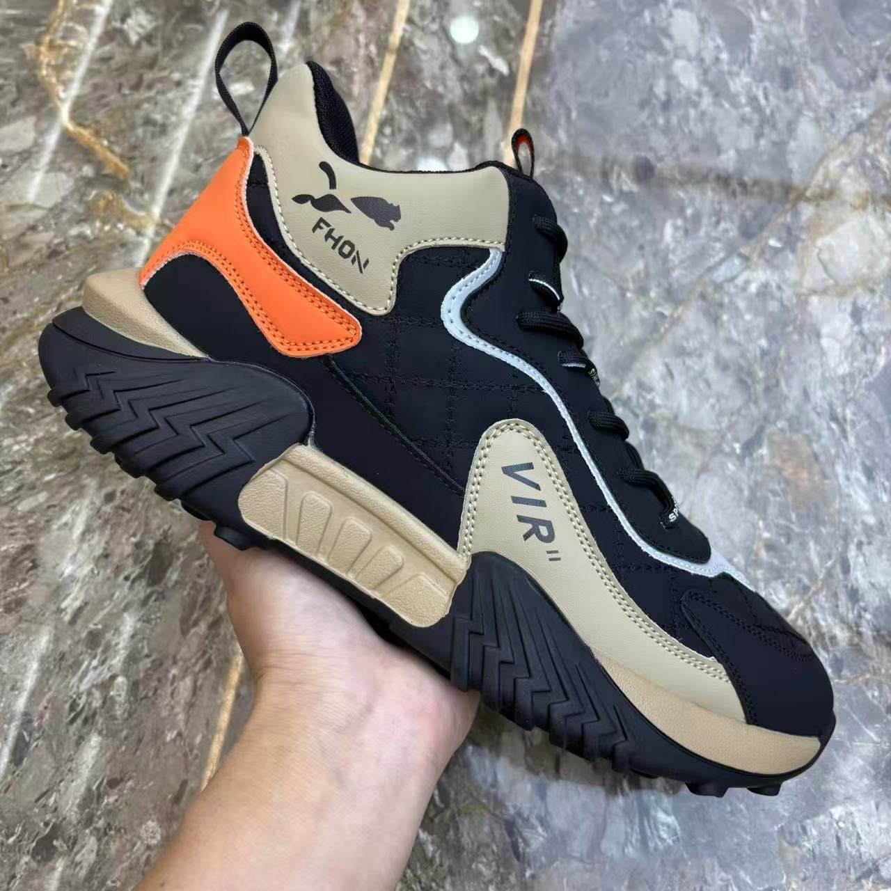 四季新款男鞋拼色皮面高帮休闲鞋橡胶软底防滑耐磨男士跑步运动鞋