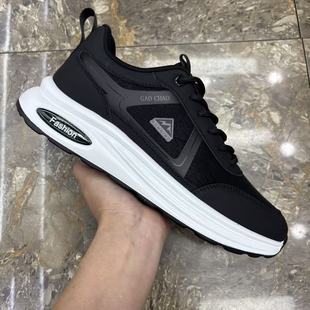 时尚黑色皮面男鞋低帮系带厚底休闲鞋轻便防滑防水耐磨跑步运动鞋