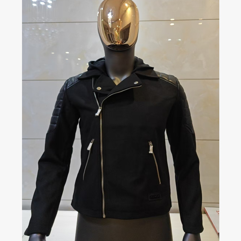 R美女当家英国直邮黑色翻领机车风修身拉链皮和毛呢拼接夹克外套