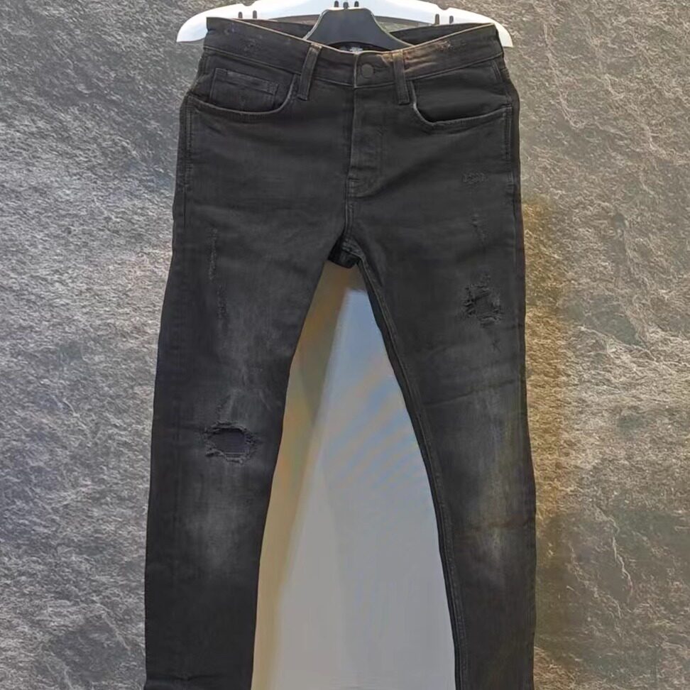 R美女当家英国直邮新款时尚破洞黑色修身小脚高弹力男士牛仔裤潮