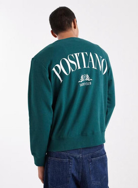 美女当家英国代购秋新款墨绿色圆领后背字母印花休闲复古男款卫衣