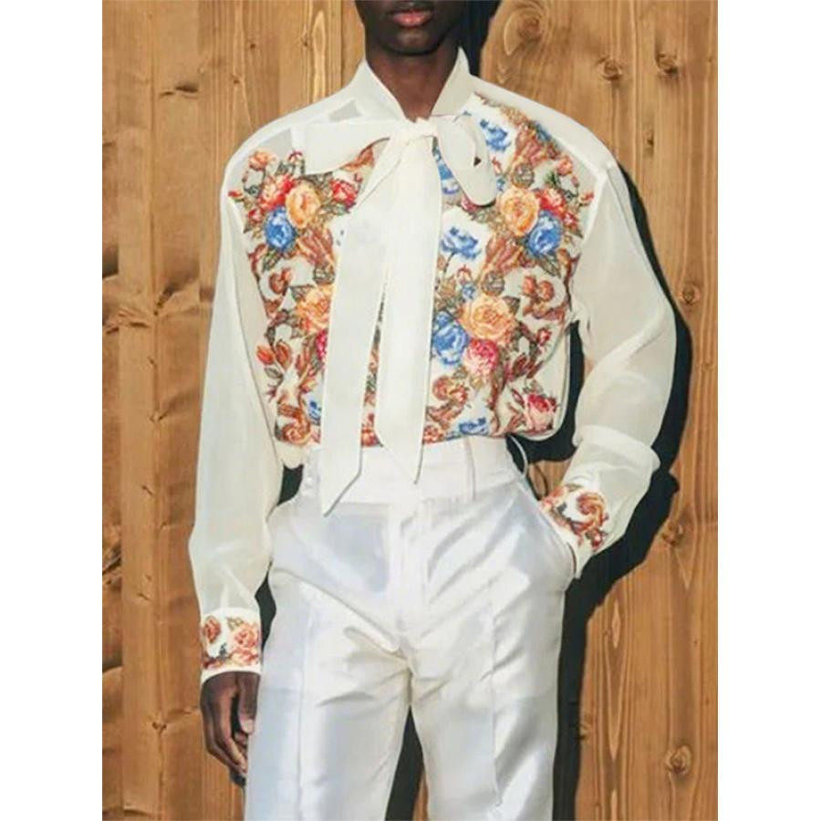 美女当家英国代购2025新款印花蝴蝶节领时尚休闲男士法式长袖衬衣