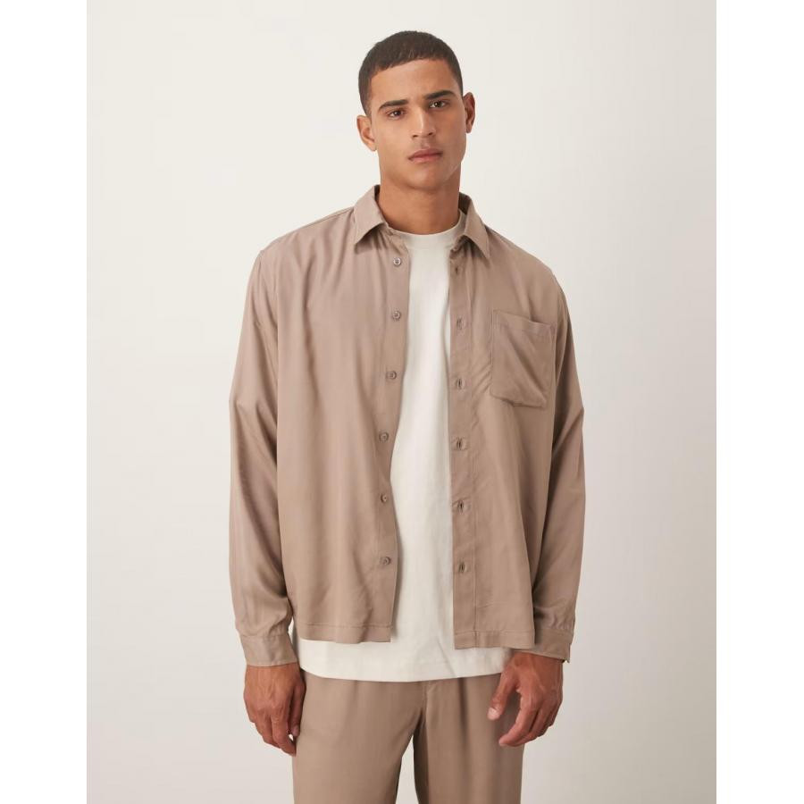 美女当家英国代购秋款新品棕色长袖翻领胸部口袋经典男装休闲衬衫