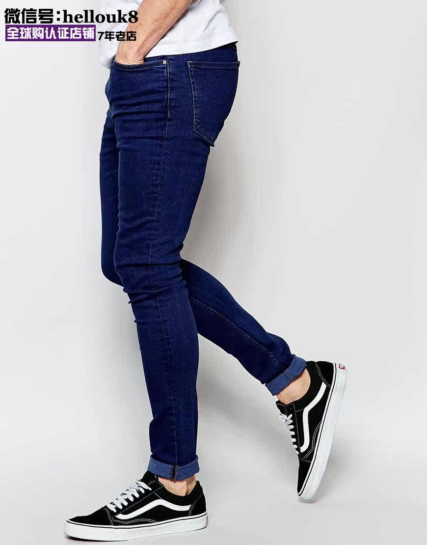 R英国代购时尚简约经典蓝色四季百搭显身材型男紧身弹力牛仔长裤
