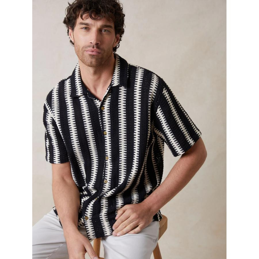 赞美女当家英国代购2025新款古巴领竖条纹通勤设计感时尚短袖衬衣