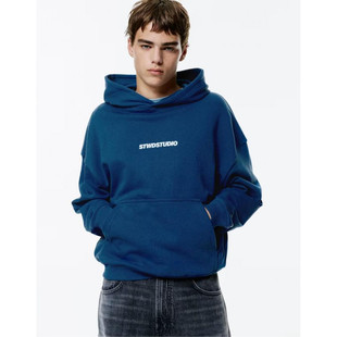型潮酷男装 卫衣 秋蓝色连帽品牌设计袋鼠兜宽松版 美女当家英国代购