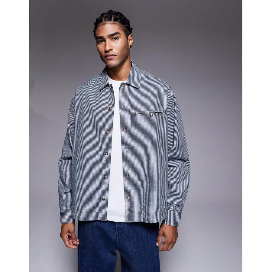 美女当家英国代购2025年新款蓝色条纹翻领贴袋长袖休闲风男装衬衫