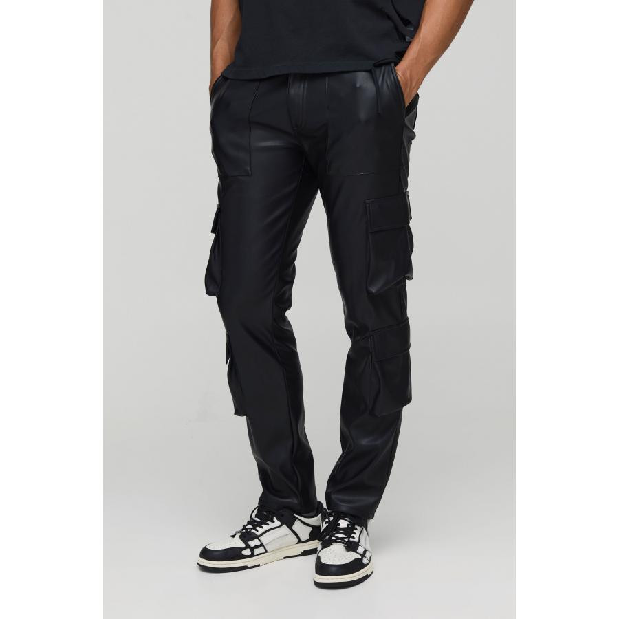 Z美女当家英国代购2025年秋季新款黑色仿皮修身口袋堆叠休闲长裤