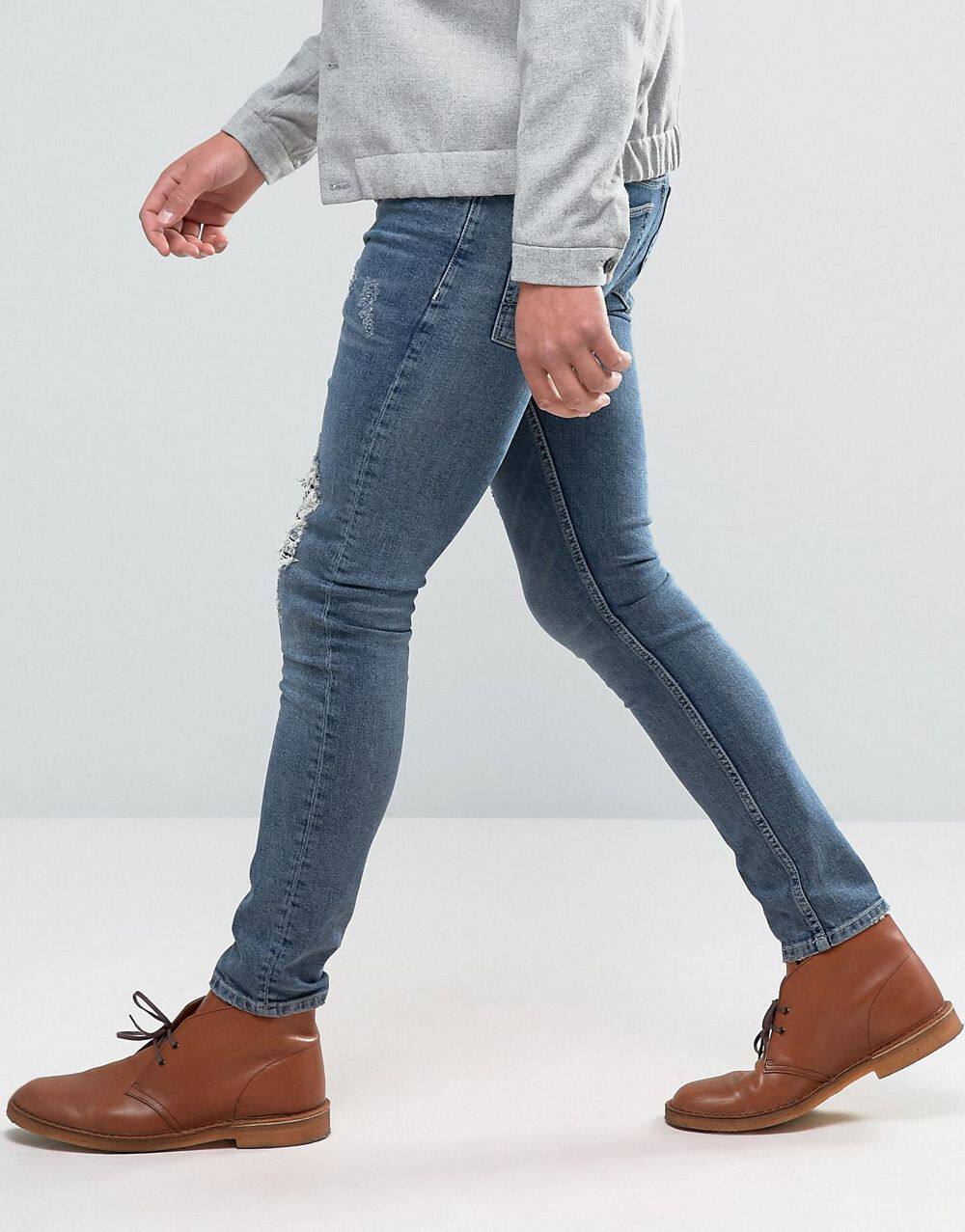 R美女当家英国代购时尚水洗蓝撕裂男修身弹力棉舒适休闲牛仔长裤