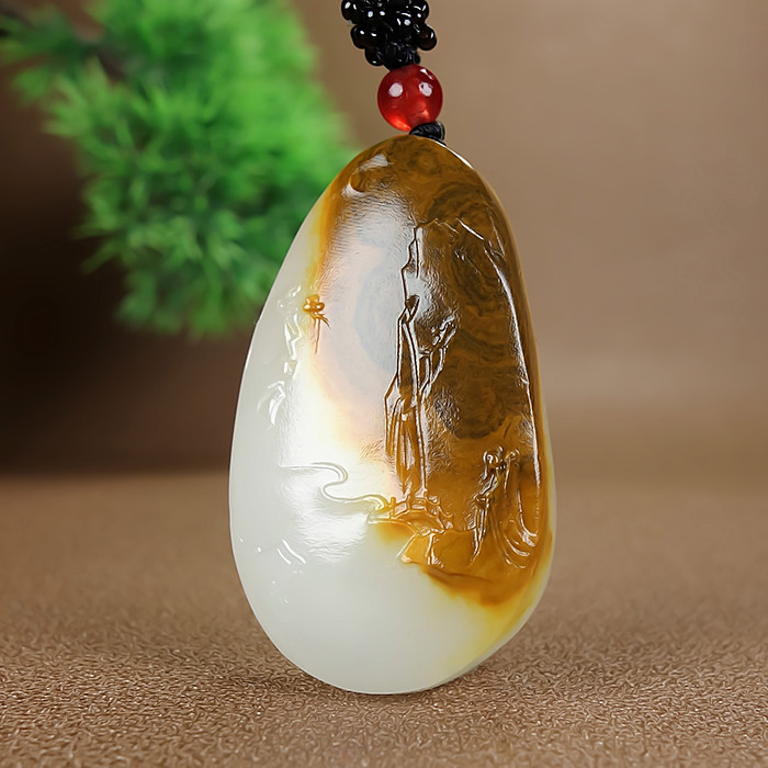 天然新疆和田玉籽料山水玉牌吊坠大好河山项链玉坠挂件平安牌精雕