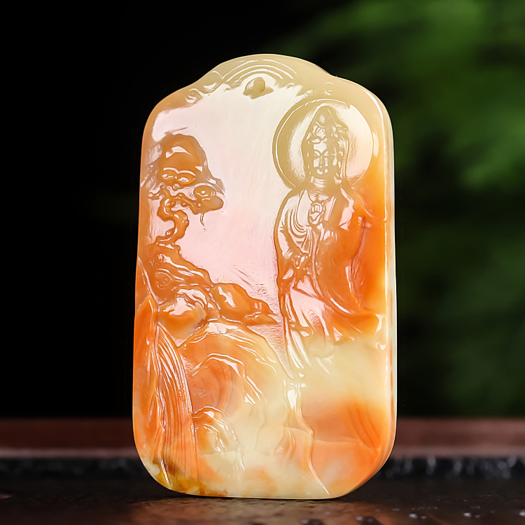 天然和田玉籽料山水观音吊坠