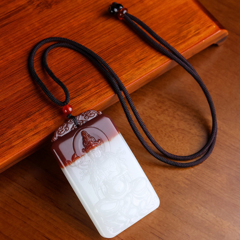 和田玉糖料莲花观音平安牌吊坠双面精雕玉石项链挂件玉佩玉佛菩萨