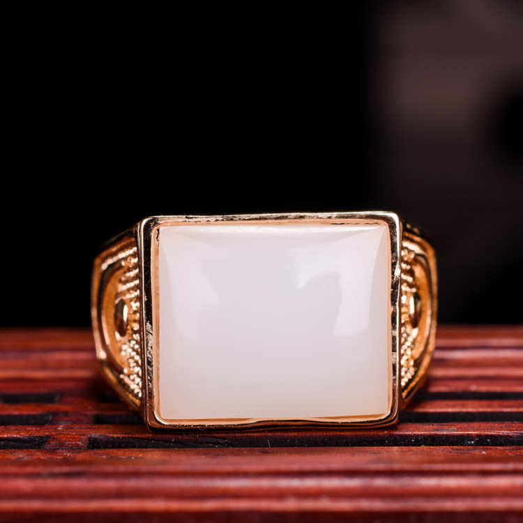 新疆和田玉白玉戒指925银镶嵌马鞍戒面戒指男款戒指活口戒指