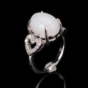 新疆和田玉女款戒指镶玉戒指白玉简约时尚活口玉戒指952银指环